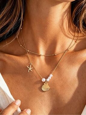 Anthropologie Gold Layered Seashell & Pearl Necklace